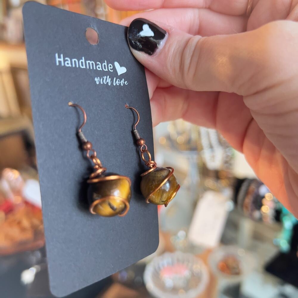 Artisan Made Hand Crafted Dangle Drop Earrings Copper Tigers Eye Gemstone OOAK